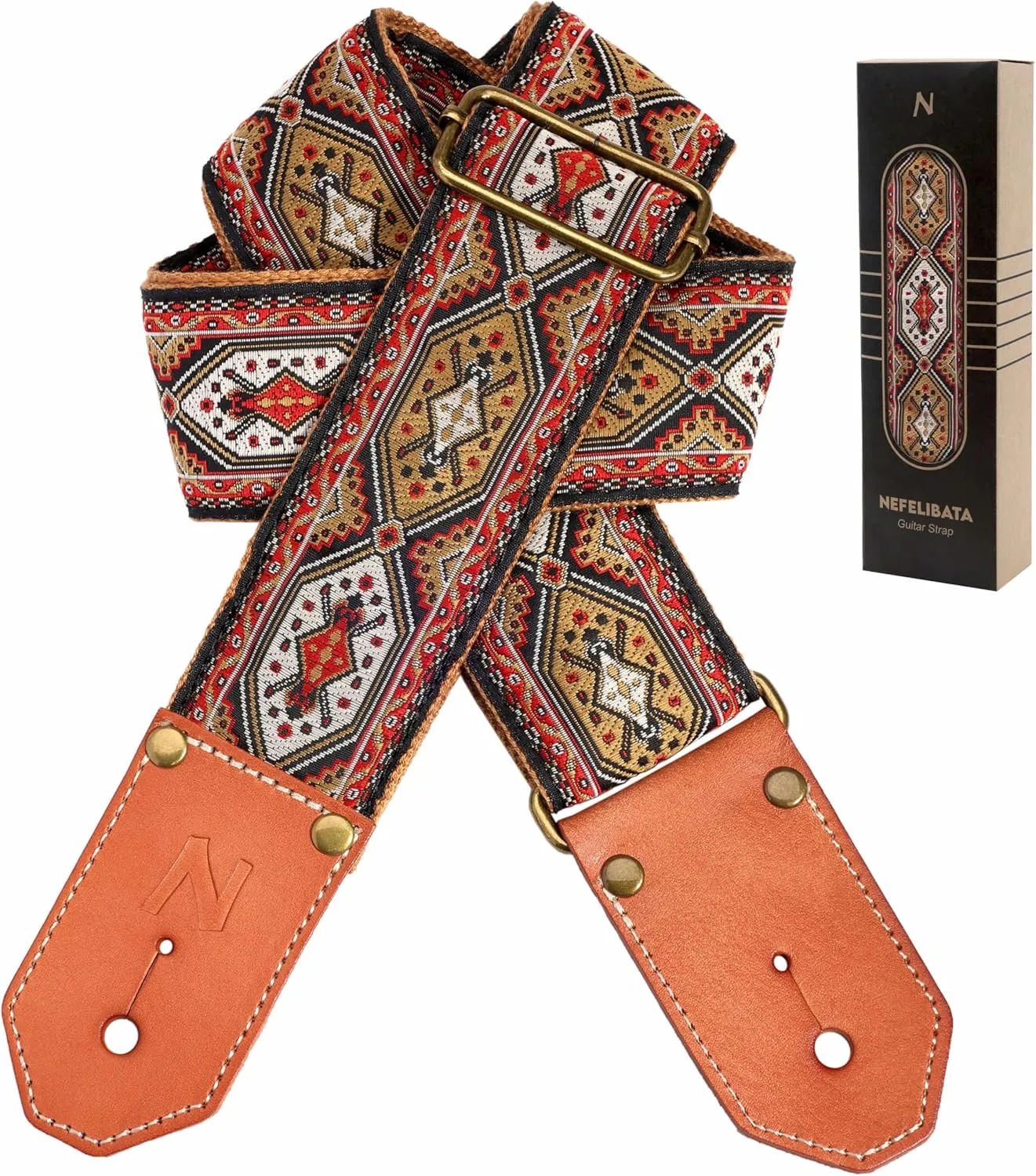 Nefelibata Guitar Strap Cotton with Thicked First Layer Vegetable Tanned Cowhide Leather Ends for Acoustic, Bass, Electric Guitar, Gift for Your Love Guitarists