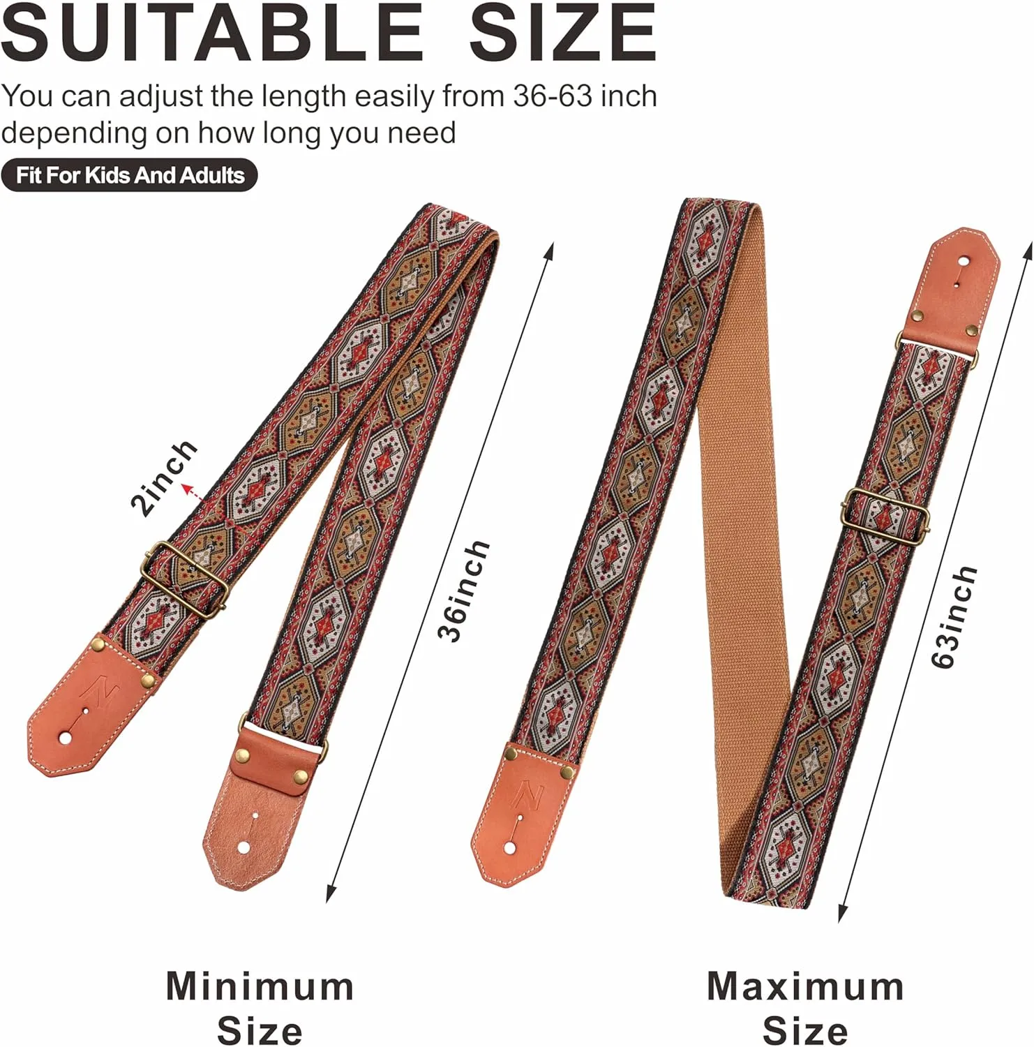 Nefelibata Guitar Strap Cotton with Thicked First Layer Vegetable Tanned Cowhide Leather Ends for Acoustic, Bass, Electric Guitar, Gift for Your Love Guitarists