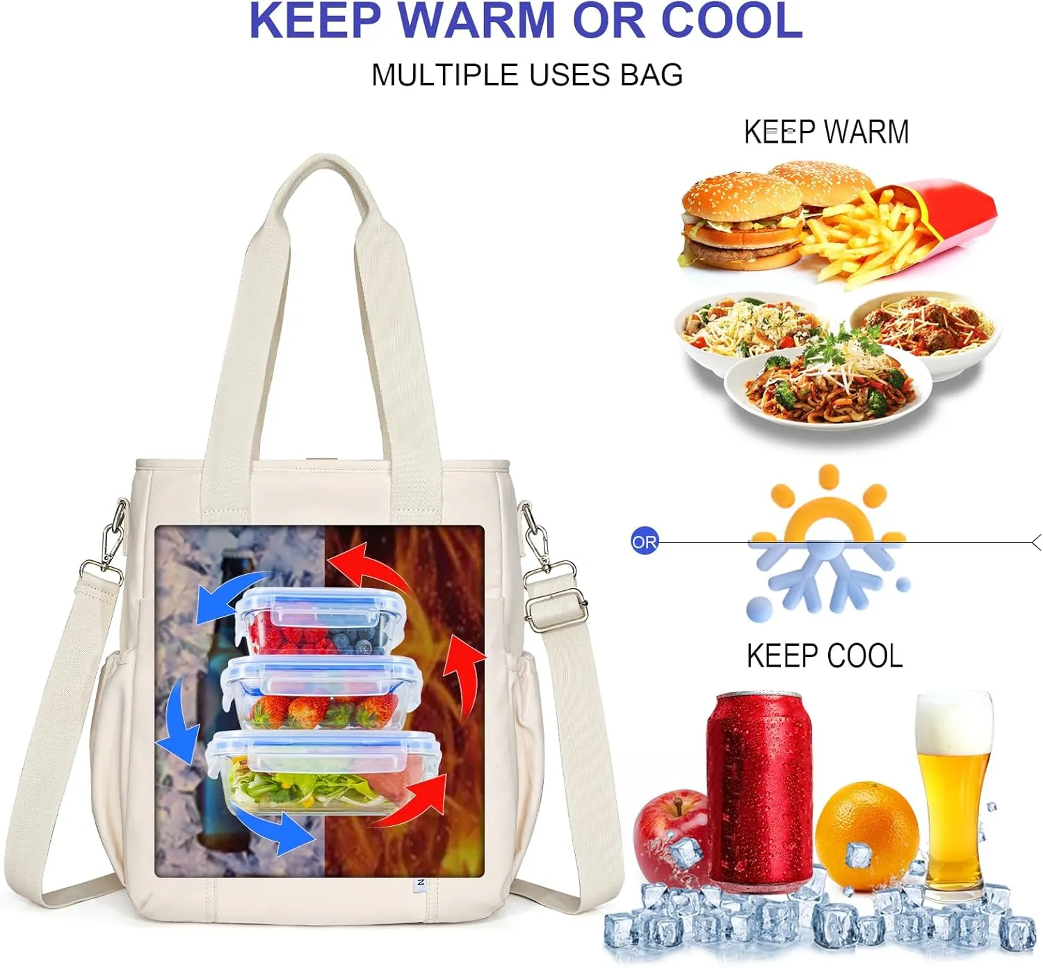 NOL Insulated Lunch Bag for Women, Large Spacious Lunch Tote Bag With Removable Adjustable Shoulder Strap with Multi Pockets,Leakproof Cooler Bag,Lightweight Nylon Waterproof Lunch Box For Work,Cream