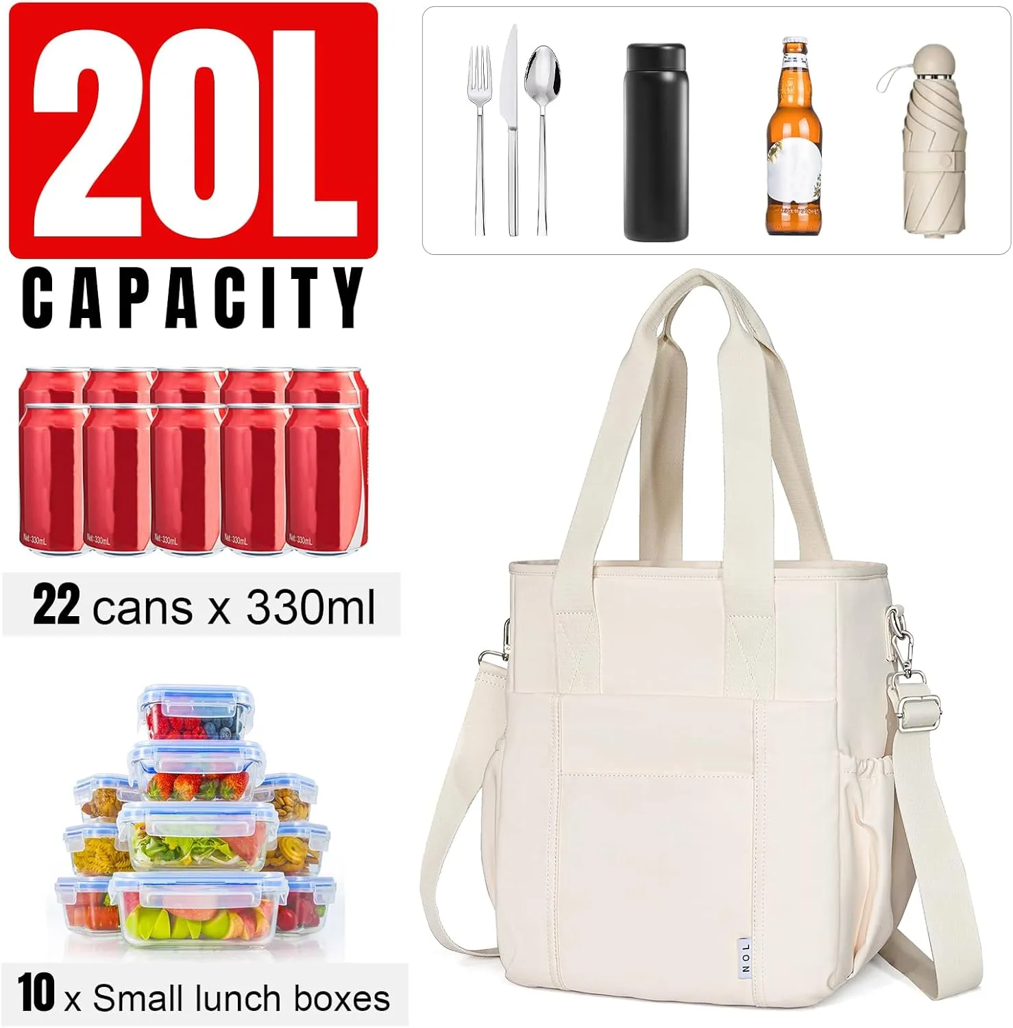 NOL Insulated Lunch Bag for Women, Large Spacious Lunch Tote Bag With Removable Adjustable Shoulder Strap with Multi Pockets,Leakproof Cooler Bag,Lightweight Nylon Waterproof Lunch Box For Work,Cream