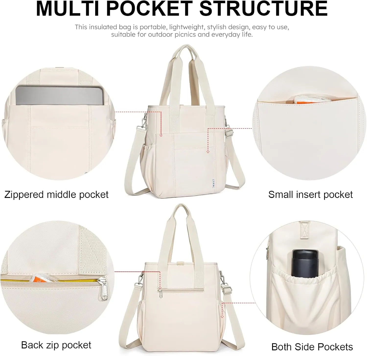 NOL Insulated Lunch Bag for Women, Large Spacious Lunch Tote Bag With Removable Adjustable Shoulder Strap with Multi Pockets,Leakproof Cooler Bag,Lightweight Nylon Waterproof Lunch Box For Work,Cream