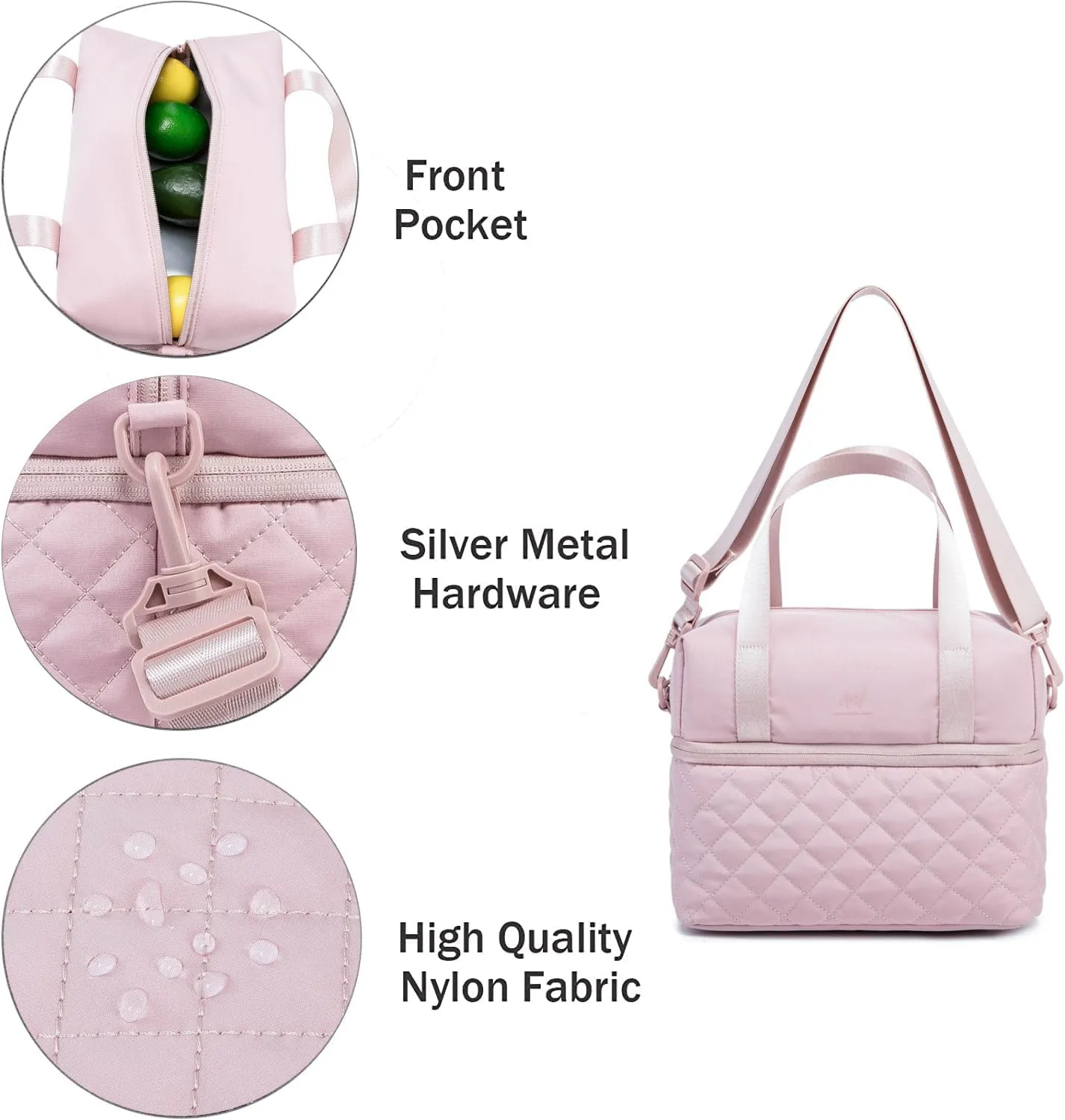 NOL Natural Organic Lifestyle Women Reusable Lunch Bag Leakproof Medium Insulated Nylon Cooler Bag with Detachable Strap (Pink)