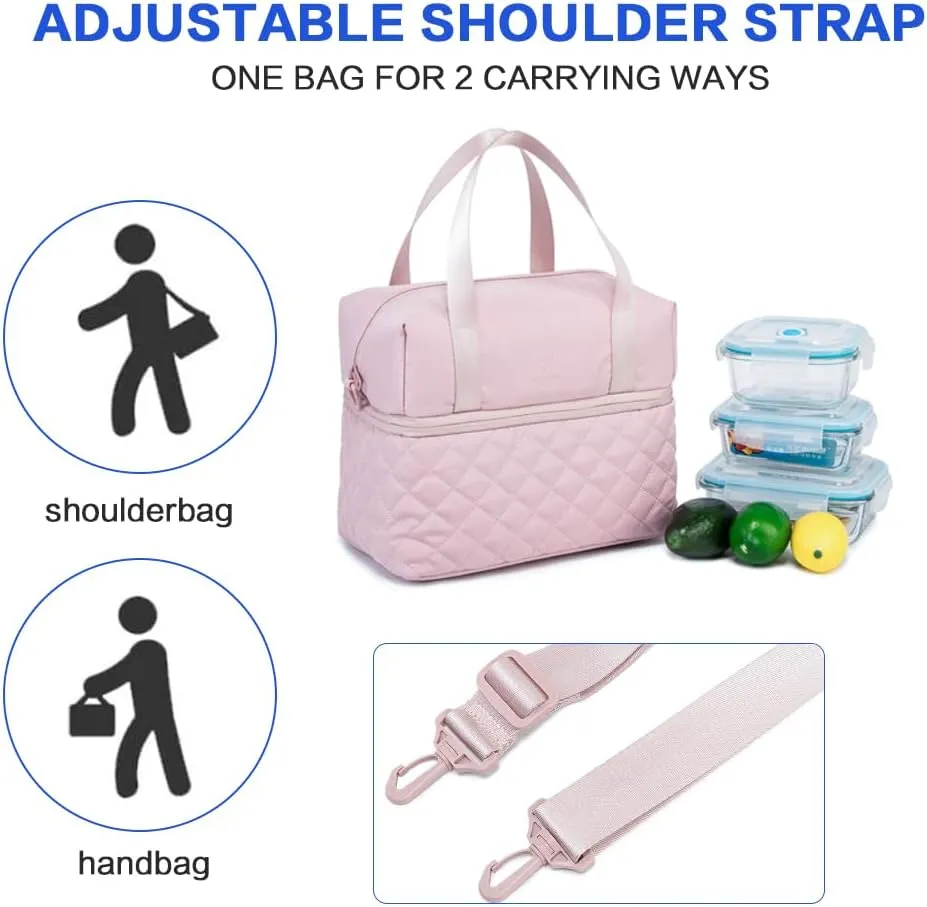 NOL Natural Organic Lifestyle Women Reusable Lunch Bag Leakproof Medium Insulated Nylon Cooler Bag with Detachable Strap (Pink)