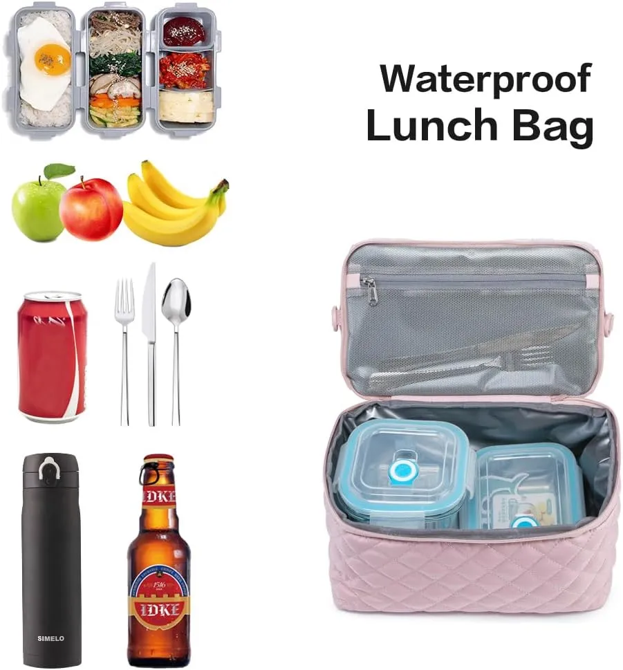 NOL Natural Organic Lifestyle Women Reusable Lunch Bag Leakproof Medium Insulated Nylon Cooler Bag with Detachable Strap (Pink)