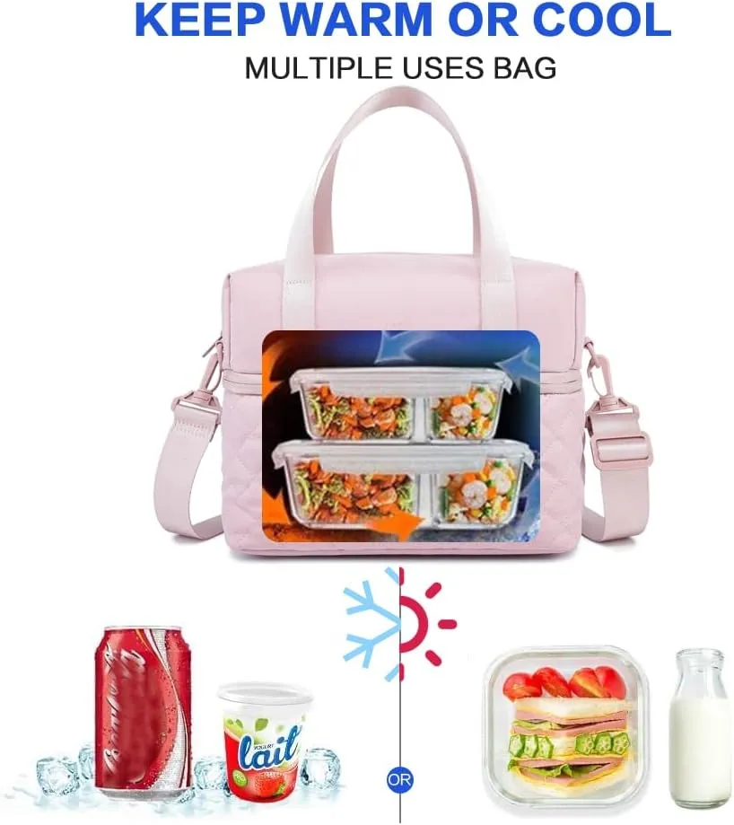 NOL Natural Organic Lifestyle Women Reusable Lunch Bag Leakproof Medium Insulated Nylon Cooler Bag with Detachable Strap (Pink)