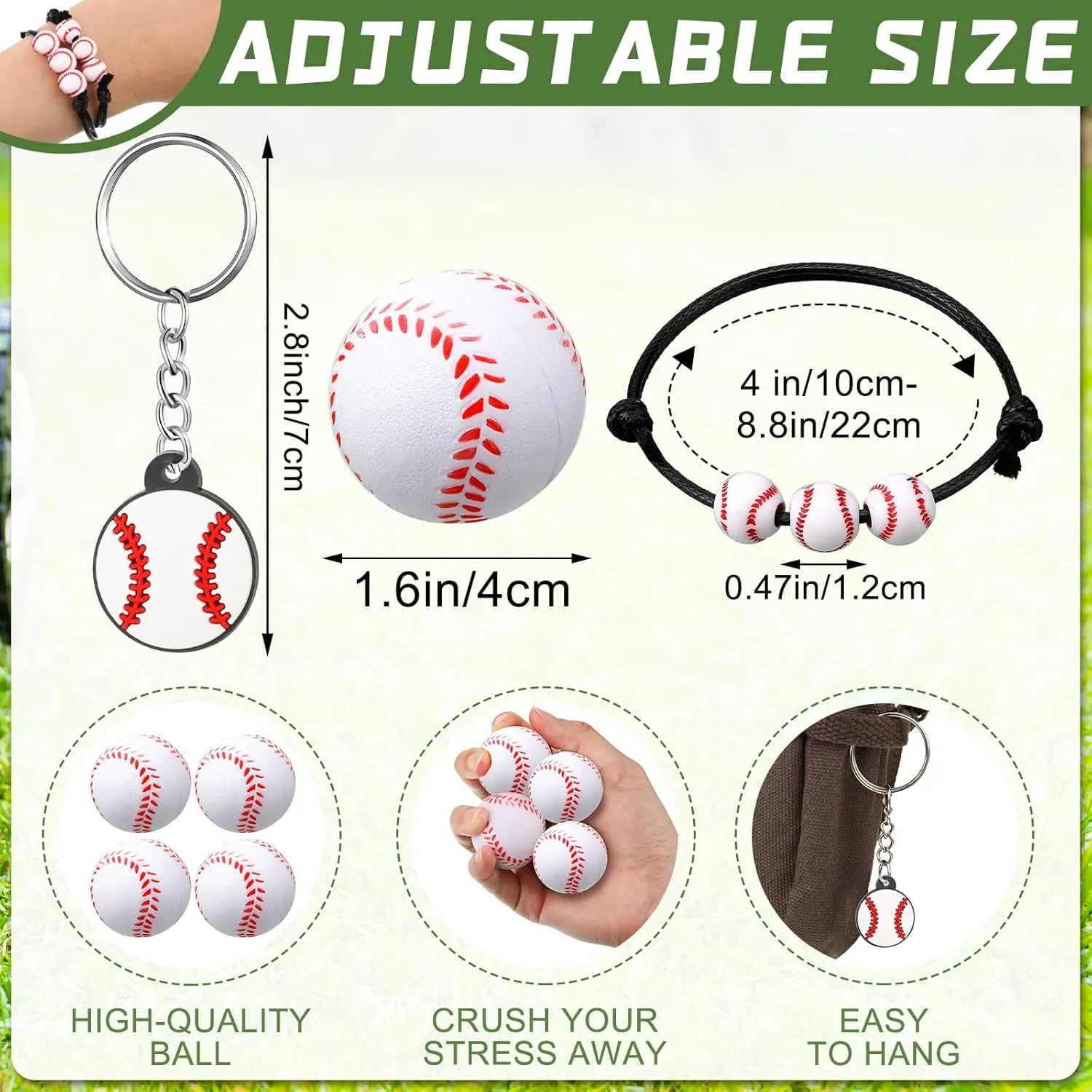 Nosiny 108 Pcs Baseball Party Favors Bulk Baseball Keychain Gifts Stress Balls Charm Bracelets 36 Pieces Each for Team Birthday Party Supplies