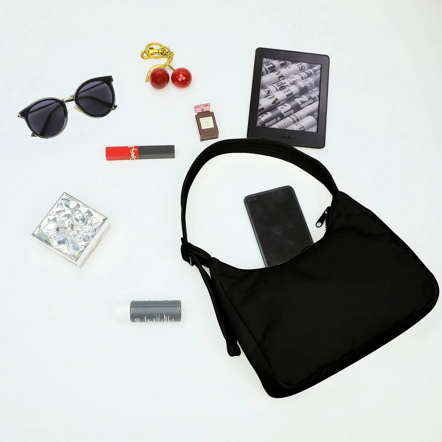 Nylon Shoulder Bag - Adjustable Quilted Strap, Structured Slouchy Design with Interior Zip Pocket