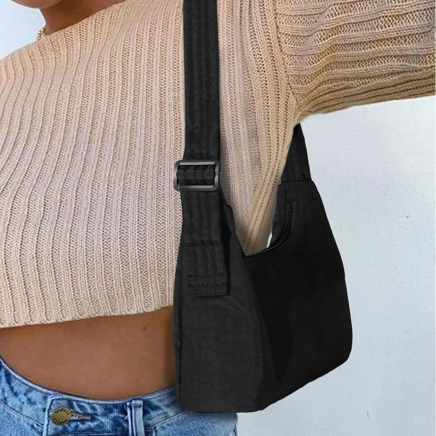 Nylon Shoulder Bag - Adjustable Quilted Strap, Structured Slouchy Design with Interior Zip Pocket