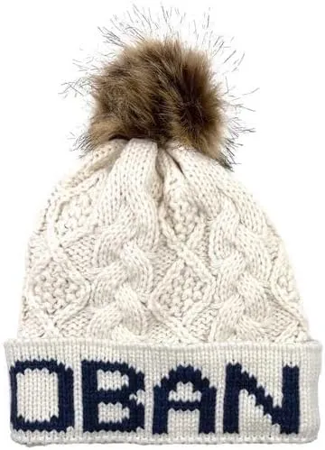 Oban Diamond Cable Text Pom Pom Hat - Cream, Cream, One Size