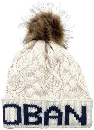 Oban Diamond Cable Text Pom Pom Hat - Cream, Cream, One Size