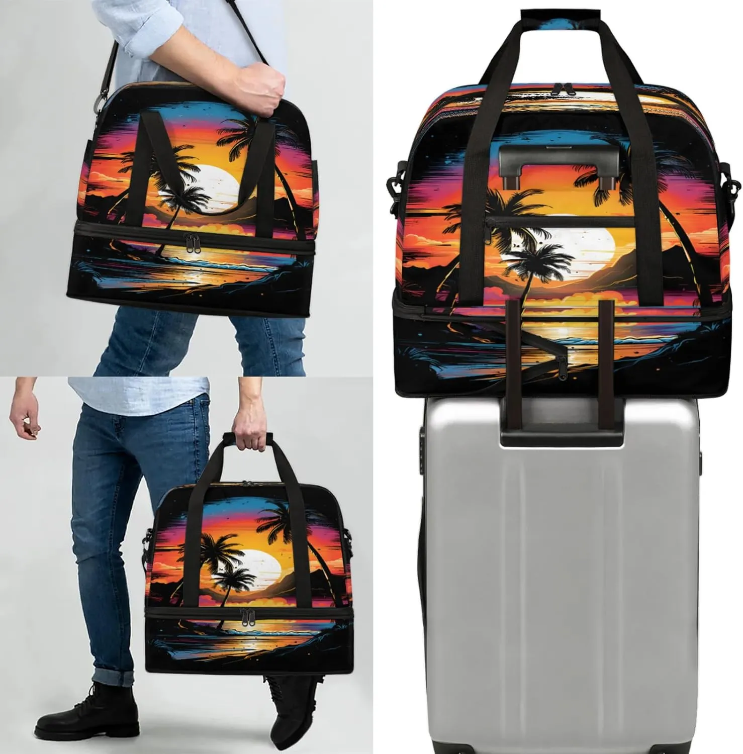 Ocean Palm Tree Painting Travel Duffel Bags for Women & Men Large Sports Gym Bags Foldie Weekender Overnight Bag Carry On Tote Bag With Shoe Compartment Personal Item Luggage for Travel Sports Gym