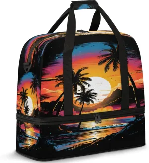 Ocean Palm Tree Painting Travel Duffel Bags for Women & Men Large Sports Gym Bags Foldie Weekender Overnight Bag Carry On Tote Bag With Shoe Compartment Personal Item Luggage for Travel Sports Gym