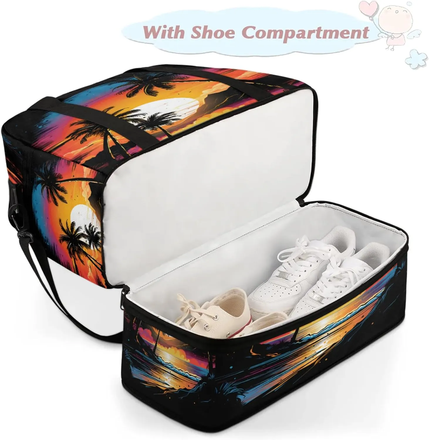 Ocean Palm Tree Painting Travel Duffel Bags for Women & Men Large Sports Gym Bags Foldie Weekender Overnight Bag Carry On Tote Bag With Shoe Compartment Personal Item Luggage for Travel Sports Gym