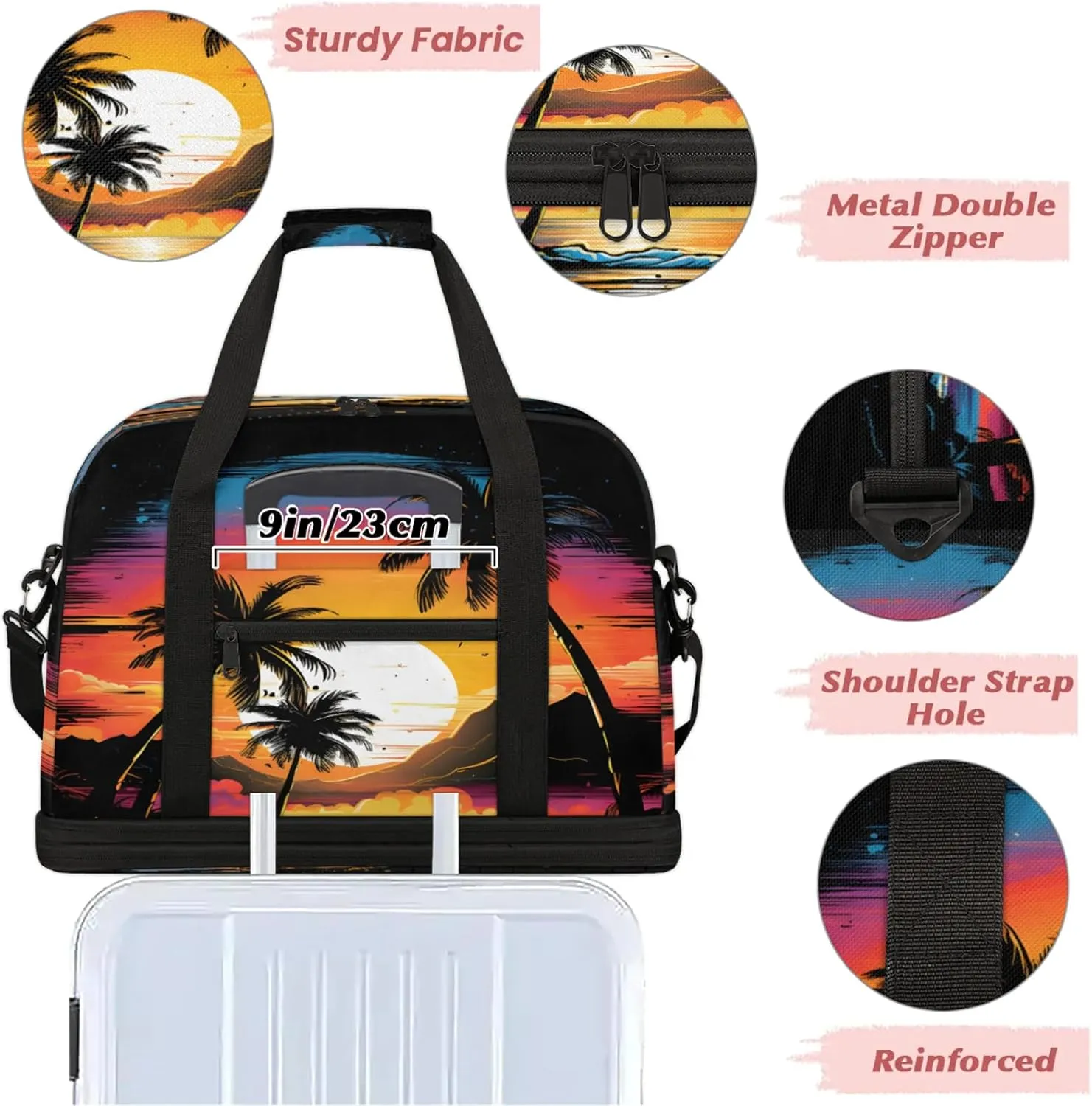 Ocean Palm Tree Painting Travel Duffel Bags for Women & Men Large Sports Gym Bags Foldie Weekender Overnight Bag Carry On Tote Bag With Shoe Compartment Personal Item Luggage for Travel Sports Gym