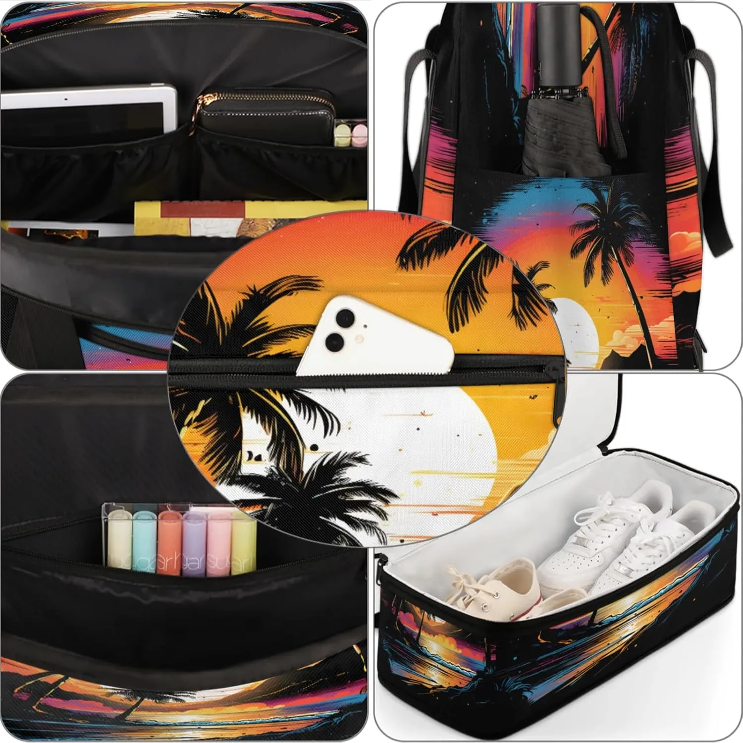Ocean Palm Tree Painting Travel Duffel Bags for Women & Men Large Sports Gym Bags Foldie Weekender Overnight Bag Carry On Tote Bag With Shoe Compartment Personal Item Luggage for Travel Sports Gym