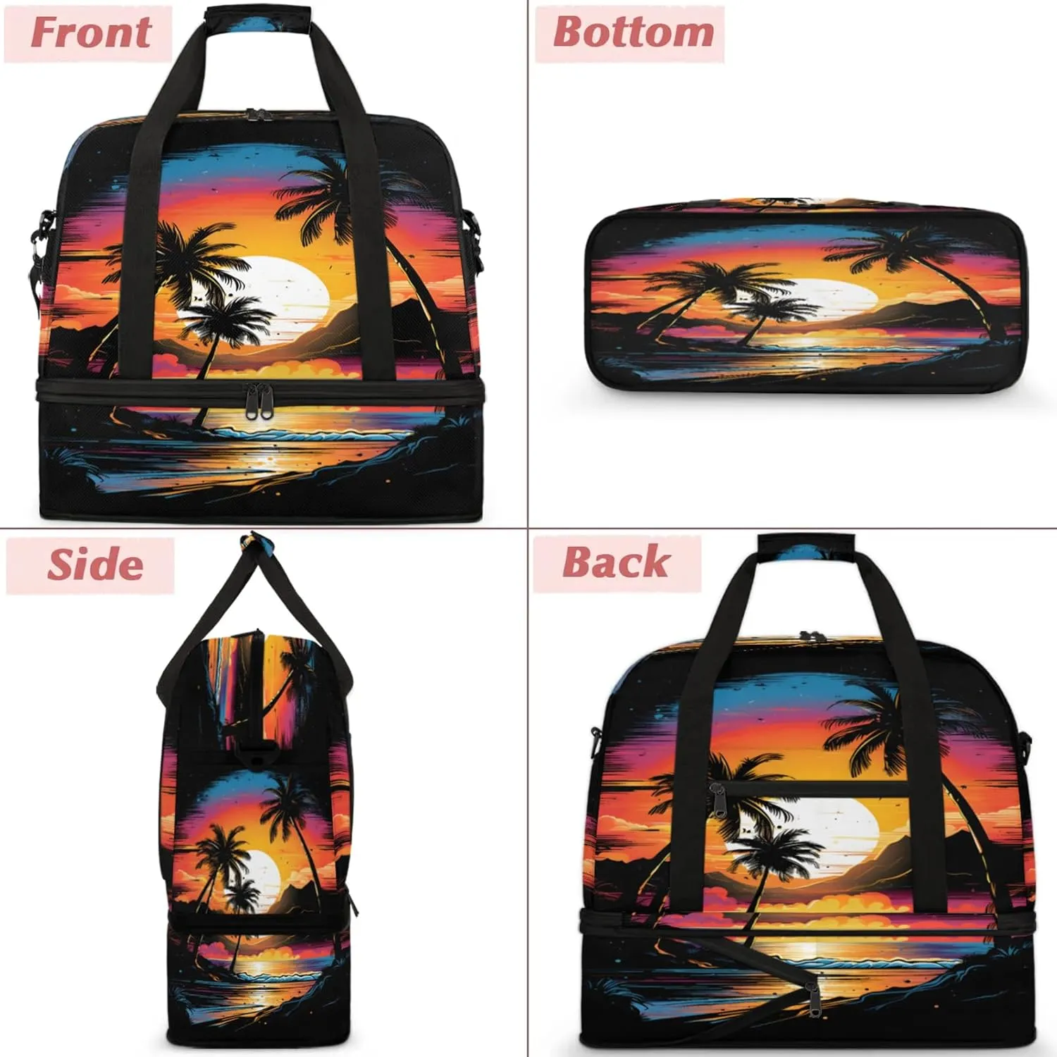 Ocean Palm Tree Painting Travel Duffel Bags for Women & Men Large Sports Gym Bags Foldie Weekender Overnight Bag Carry On Tote Bag With Shoe Compartment Personal Item Luggage for Travel Sports Gym