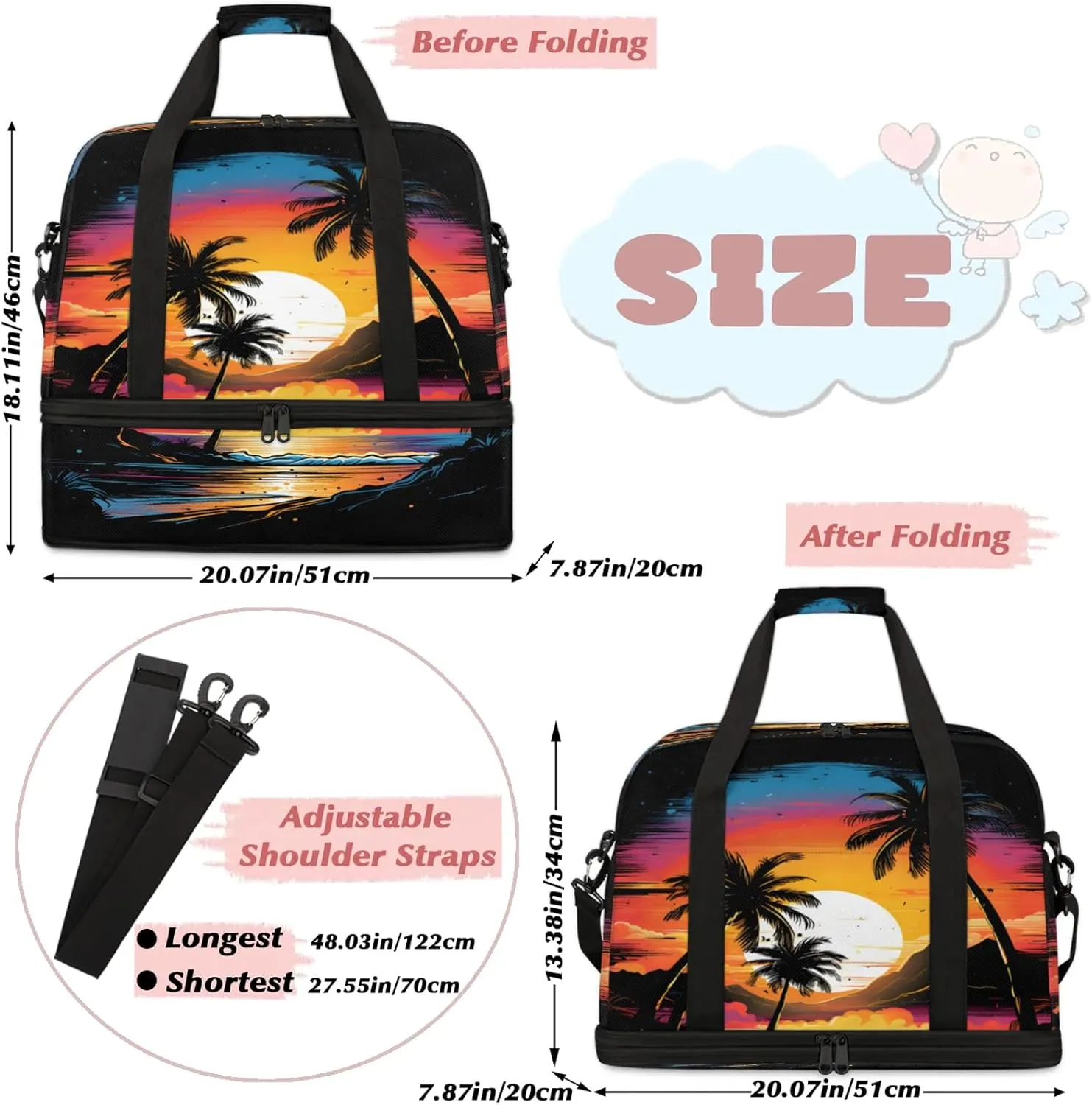Ocean Palm Tree Painting Travel Duffel Bags for Women & Men Large Sports Gym Bags Foldie Weekender Overnight Bag Carry On Tote Bag With Shoe Compartment Personal Item Luggage for Travel Sports Gym