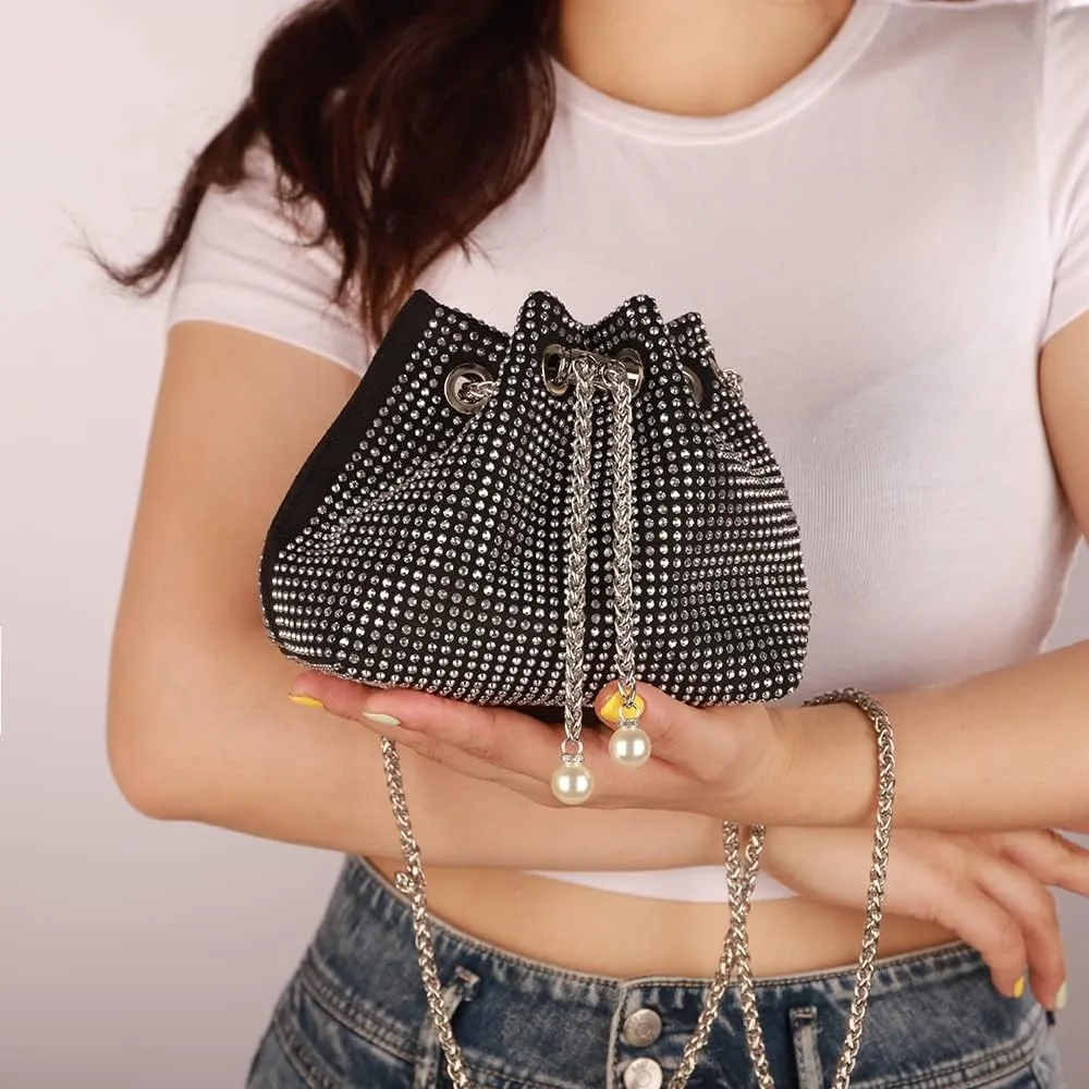 Octwine Small Purse Rhinestones Bucket Purse Pearl Handbag Evening Bag Wedding Party Prom Crossbody Bag for Women and Girls