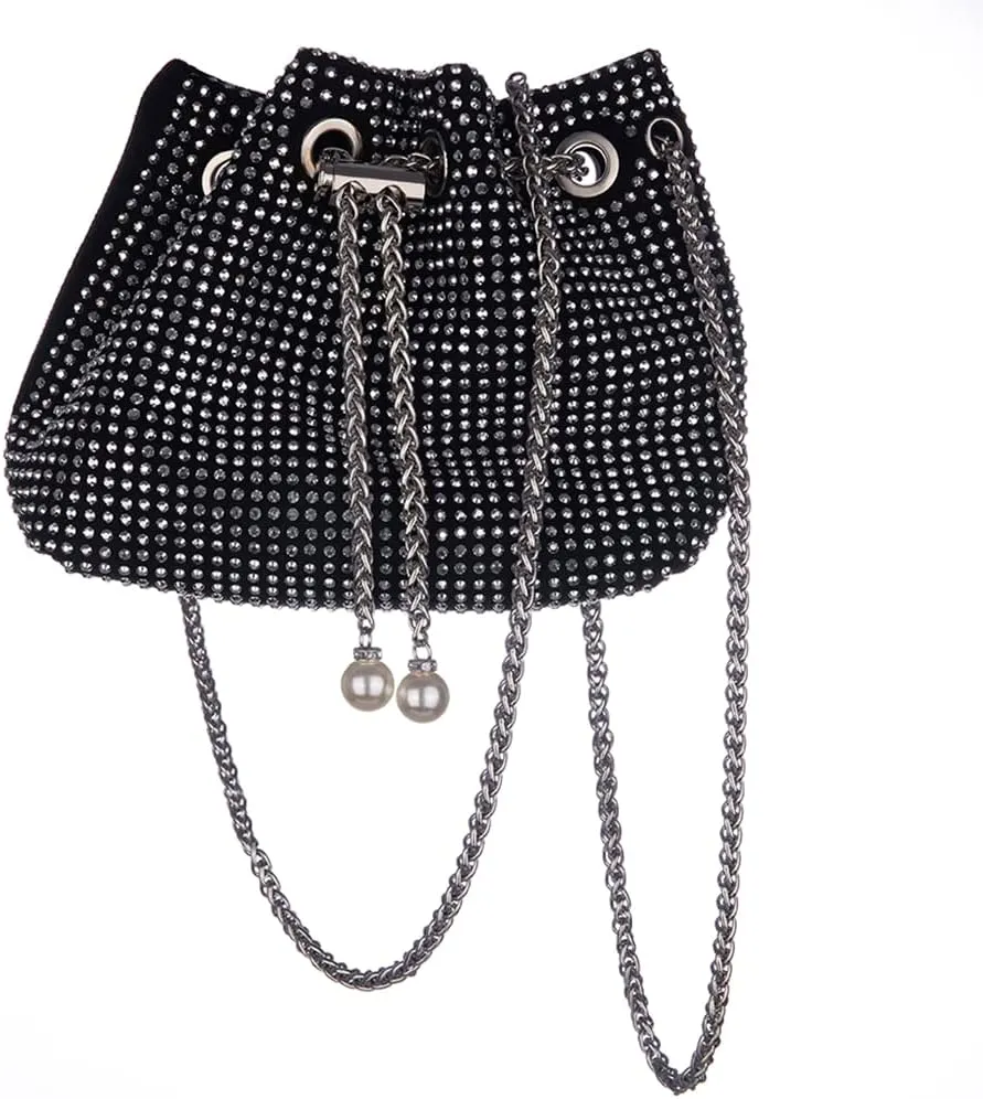 Octwine Small Purse Rhinestones Bucket Purse Pearl Handbag Evening Bag Wedding Party Prom Crossbody Bag for Women and Girls