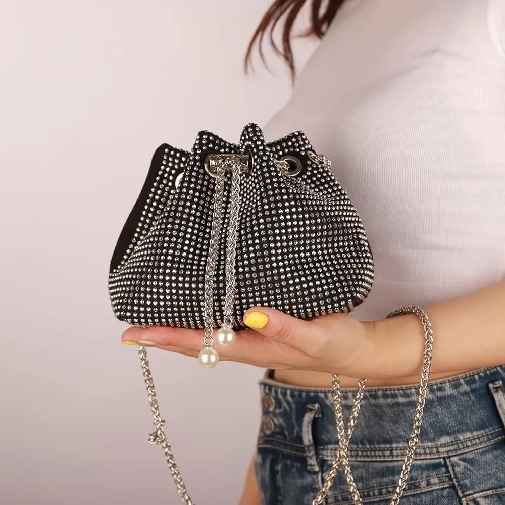 Octwine Small Purse Rhinestones Bucket Purse Pearl Handbag Evening Bag Wedding Party Prom Crossbody Bag for Women and Girls