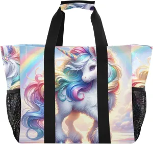 ODAWA Cute Unicorn and Rainbow Waterproof Sandproof Reusable Washable Beach Bag - Lightweight Canvas Vacation Beach Bag Tote with Zippered Pockets