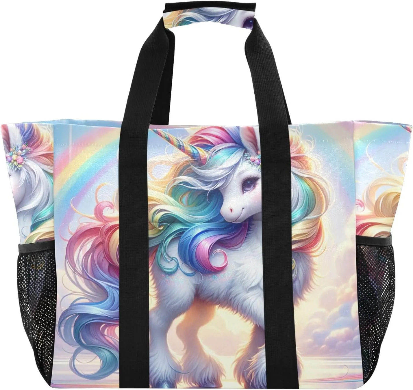 ODAWA Cute Unicorn and Rainbow Waterproof Sandproof Reusable Washable Beach Bag - Lightweight Canvas Vacation Beach Bag Tote with Zippered Pockets