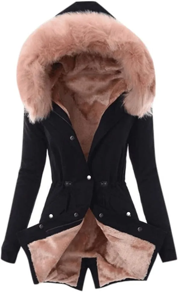 OIOLOYJM Women's Winter Coat Warm Puffer Thicken Parka Jacket with Fur Hood, Thick Padded Coats Loose Fleece Oversized Faux Fur Hooded Jackets