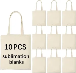 OKBA 10 pcs Sublimation Tote Bags,polyester tote bags for sublimation, DIY customization blank canvas tote bags 12.2 * 14.2 in (beige)