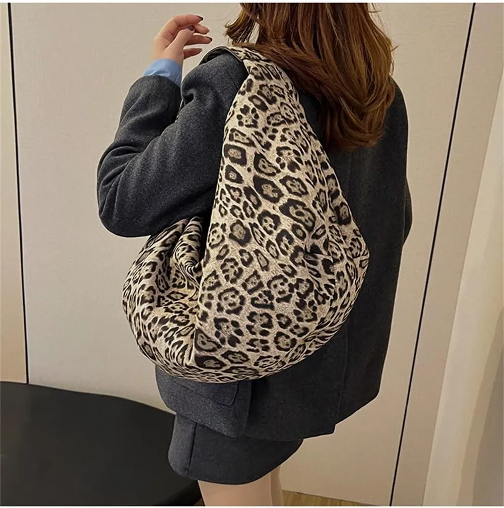 Oversized Leopard Crescent Tote Bag Large Suede Slouchy Cheetah Print Hobo Dumpling Bag Leopard Half Moon Handbag
