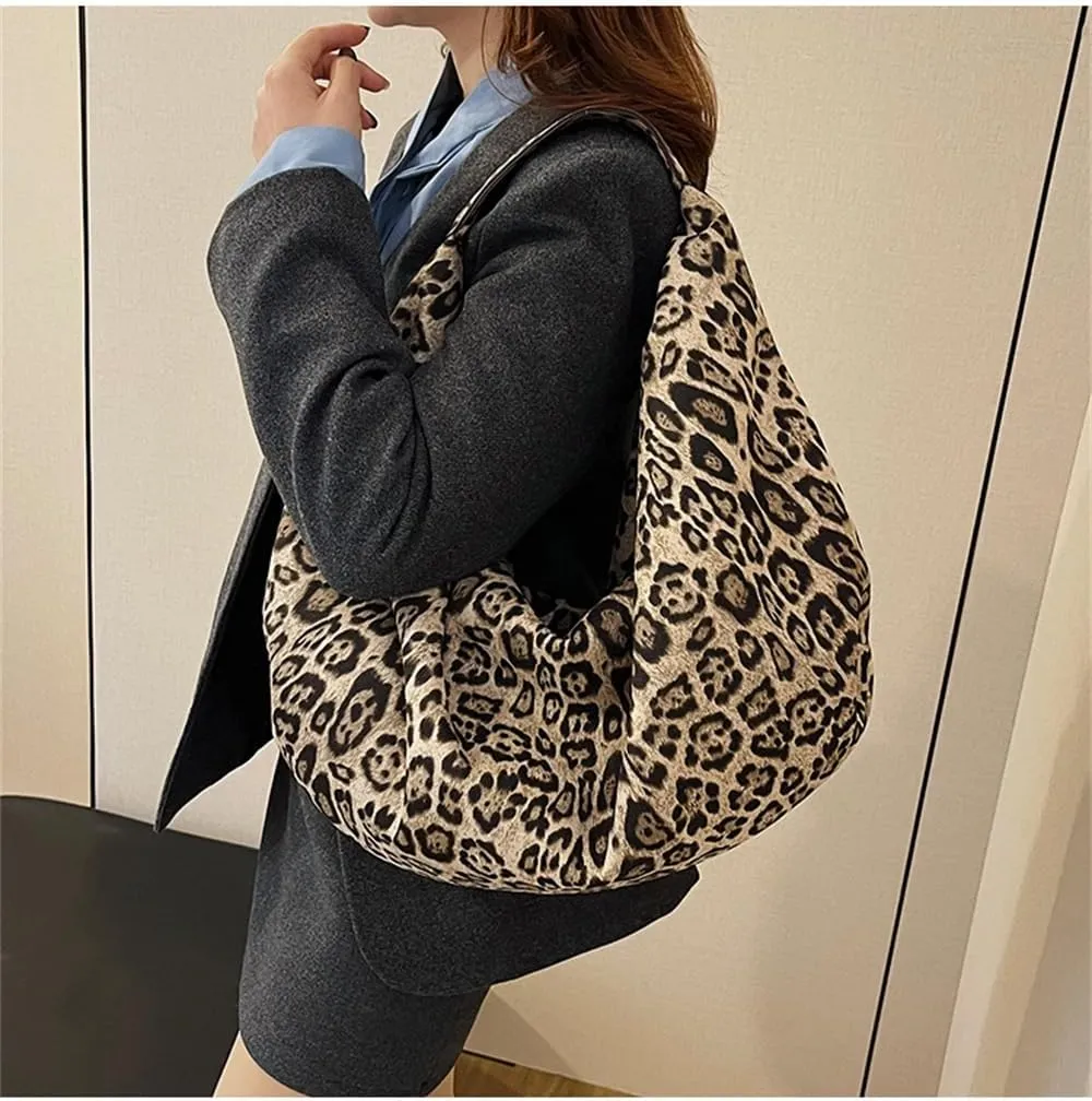Oversized Leopard Crescent Tote Bag Large Suede Slouchy Cheetah Print Hobo Dumpling Bag Leopard Half Moon Handbag