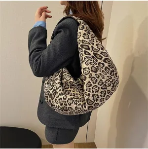 Oversized Leopard Crescent Tote Bag Large Suede Slouchy Cheetah Print Hobo Dumpling Bag Leopard Half Moon Handbag