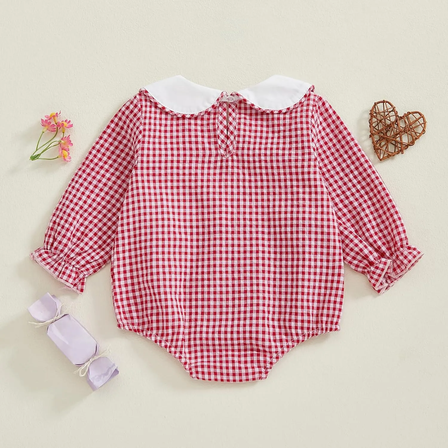 Owl's-Yard Baby Girl Plaid Romper Heart Embroidery Doll Collar Bodysuit Baby Girl Summer Outfits