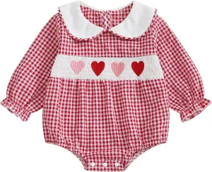 Owl's-Yard Baby Girl Plaid Romper Heart Embroidery Doll Collar Bodysuit Baby Girl Summer Outfits