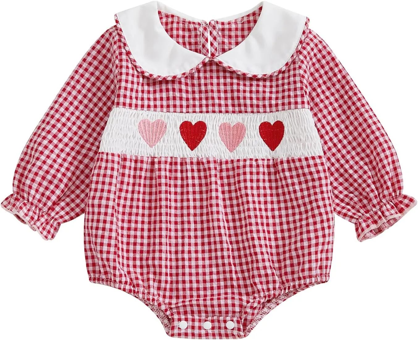 Owl's-Yard Baby Girl Plaid Romper Heart Embroidery Doll Collar Bodysuit Baby Girl Summer Outfits