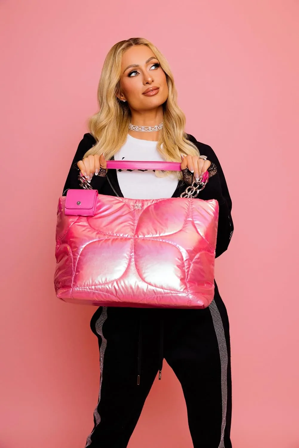 Paris Hilton Casson Puffy Quilted Oversized Tote with Chain Strap and Removable Headphones Holder