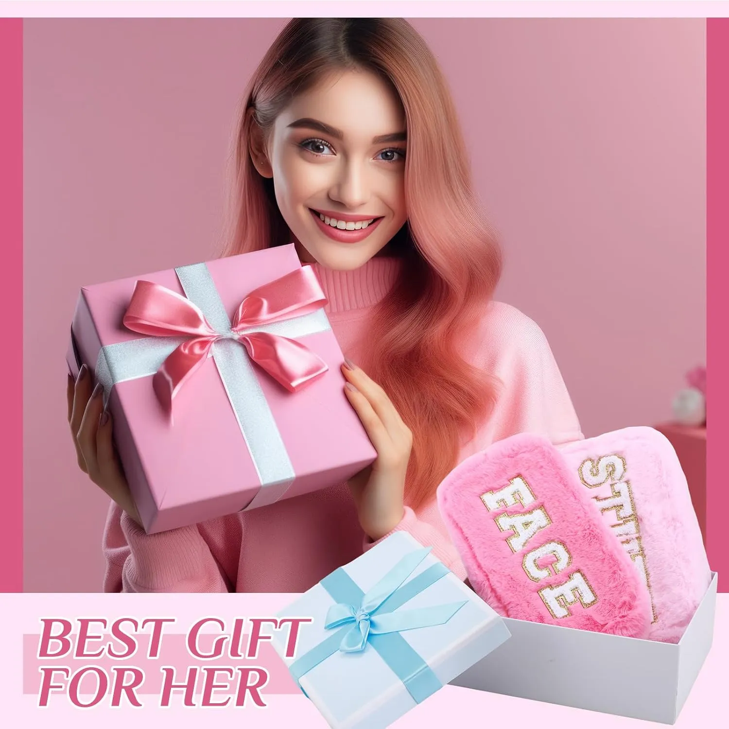 Paterr 4 Pieces Chenille Letter Preppy Patches Makeup Bag Plush Fuzzy Cosmetic Hair Face Skin Toiletry Travel Bag Pouch with Zipper Preppy Stuff for Girls Women(Pink)