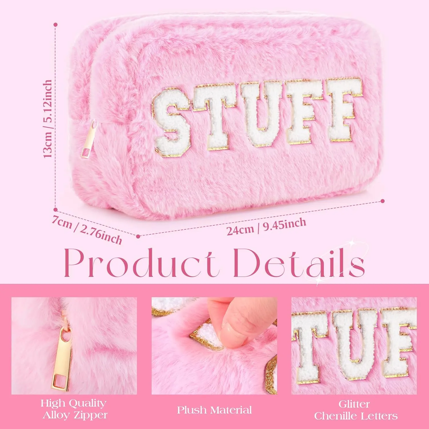 Paterr 4 Pieces Chenille Letter Preppy Patches Makeup Bag Plush Fuzzy Cosmetic Hair Face Skin Toiletry Travel Bag Pouch with Zipper Preppy Stuff for Girls Women(Pink)