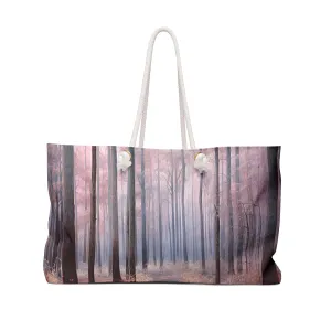 Path of Tranquility Weekender Tote | Enchanting Pink Hue Haze Forest Oil Painting | Canvas Travel Overnight Beach Pool Shoulder Bag 24" × 13"