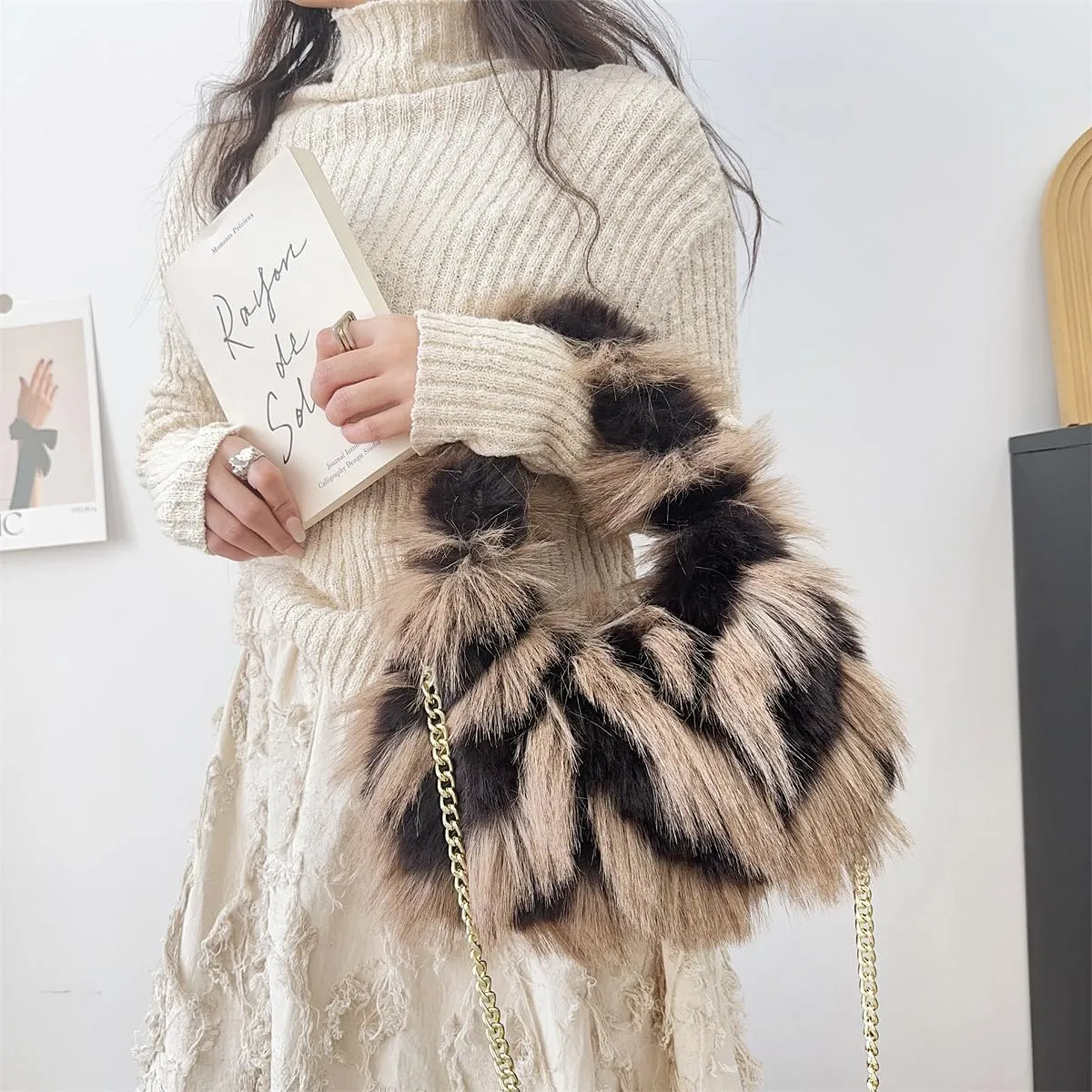 Pathwork Faux Fur Hobo Tote Shoulder Bag for Women Handbag Purse Trendy Furry Crossbody Bag