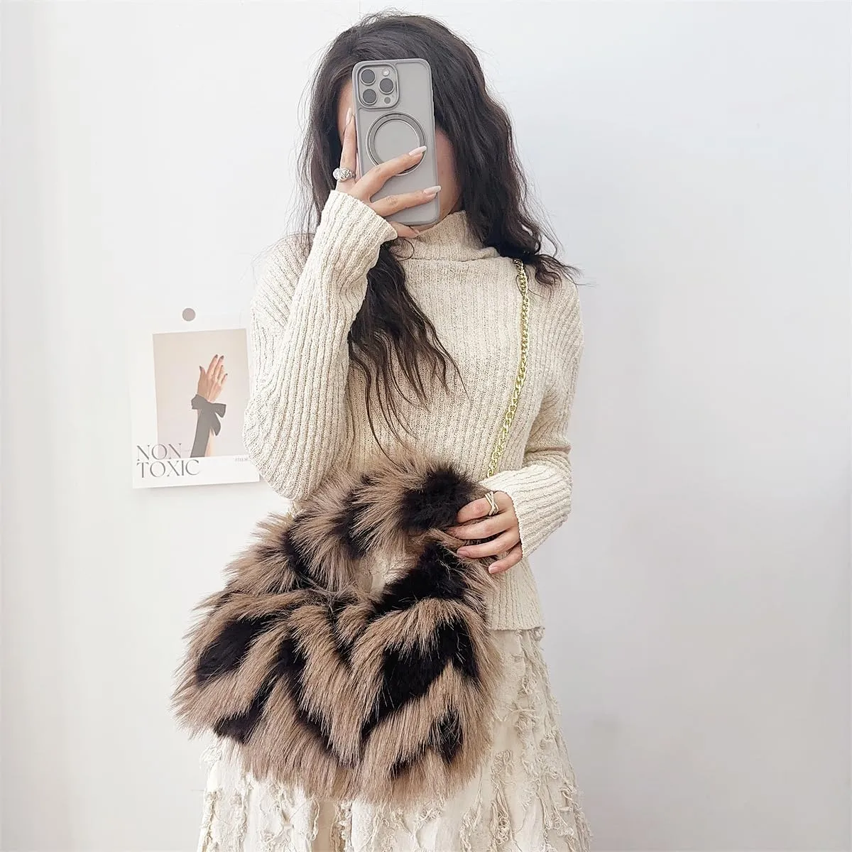 Pathwork Faux Fur Hobo Tote Shoulder Bag for Women Handbag Purse Trendy Furry Crossbody Bag