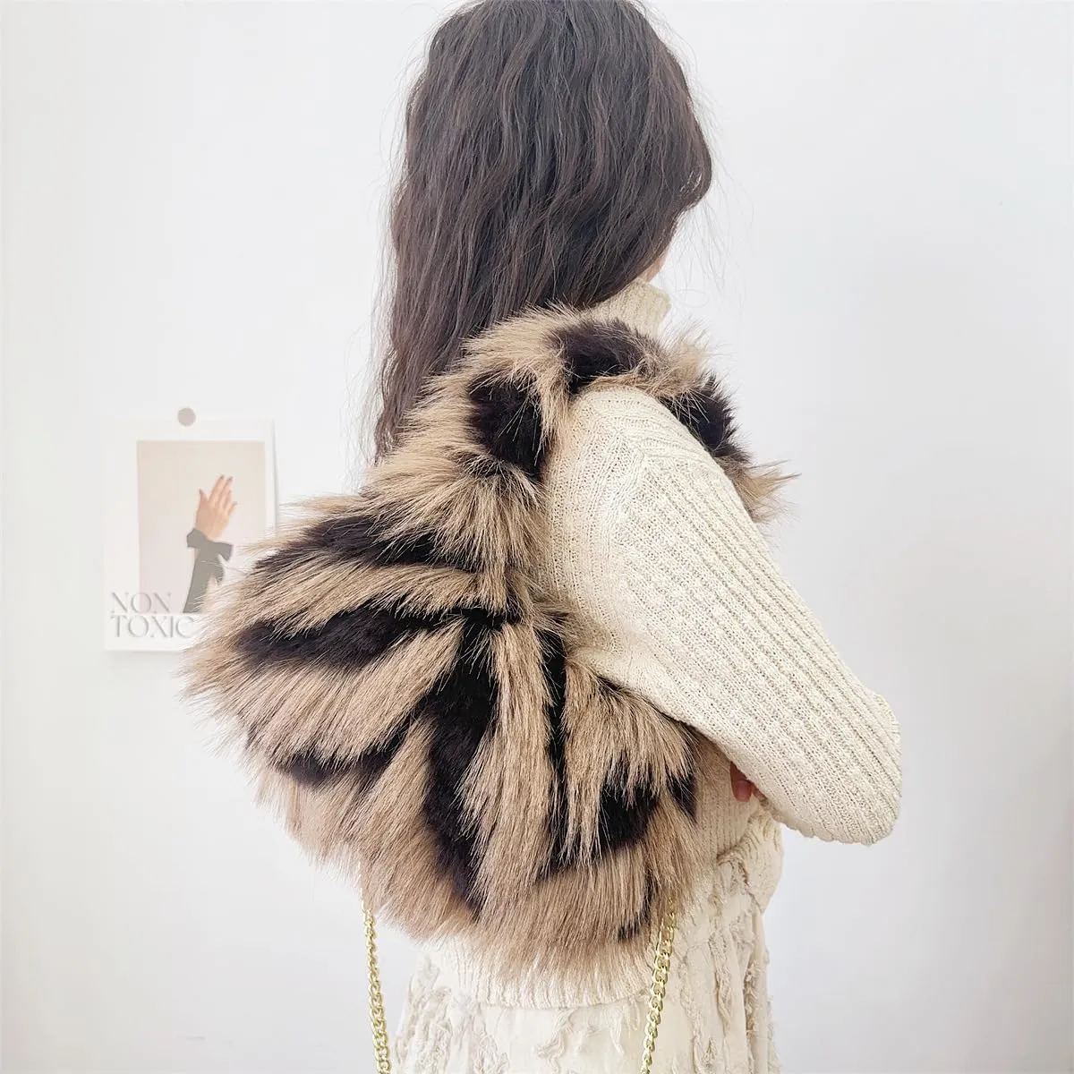Pathwork Faux Fur Hobo Tote Shoulder Bag for Women Handbag Purse Trendy Furry Crossbody Bag