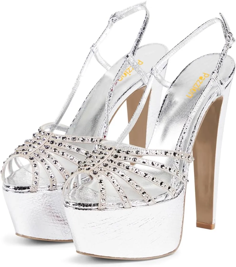 Pazzion Women Sexy Peep Toe Cone High Heel Sandals with Crystal Studs Platform Slingbacks Fashion Party Shoes Size 4-16 US