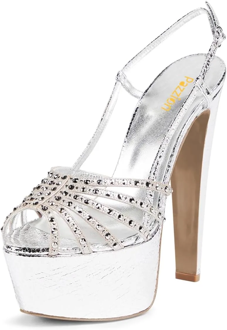 Pazzion Women Sexy Peep Toe Cone High Heel Sandals with Crystal Studs Platform Slingbacks Fashion Party Shoes Size 4-16 US