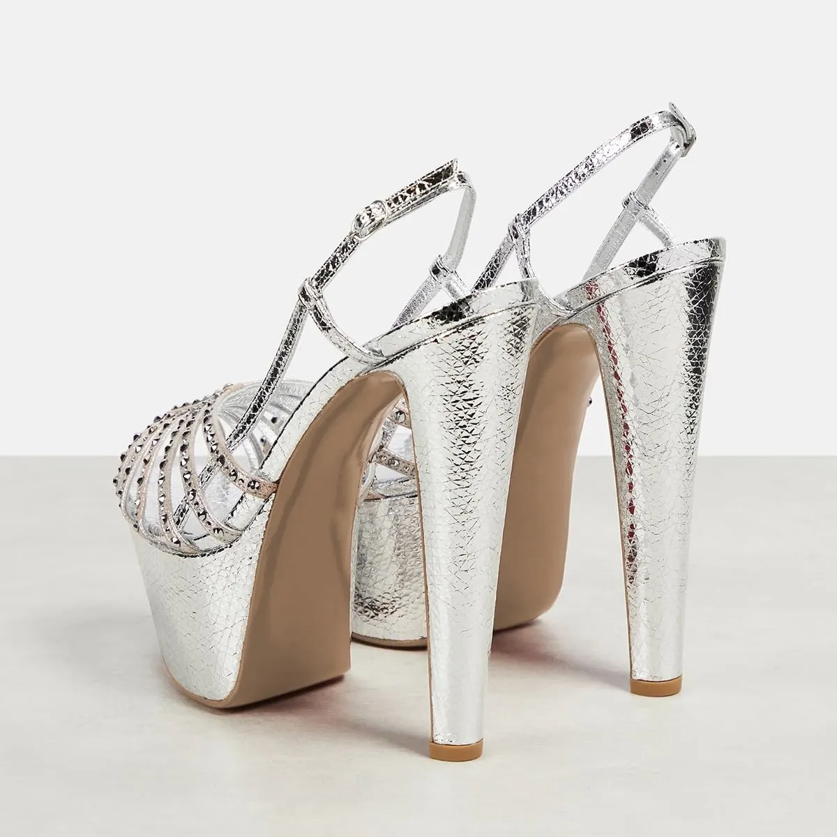 Pazzion Women Sexy Peep Toe Cone High Heel Sandals with Crystal Studs Platform Slingbacks Fashion Party Shoes Size 4-16 US