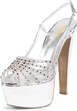 Pazzion Women Sexy Peep Toe Cone High Heel Sandals with Crystal Studs Platform Slingbacks Fashion Party Shoes Size 4-16 US