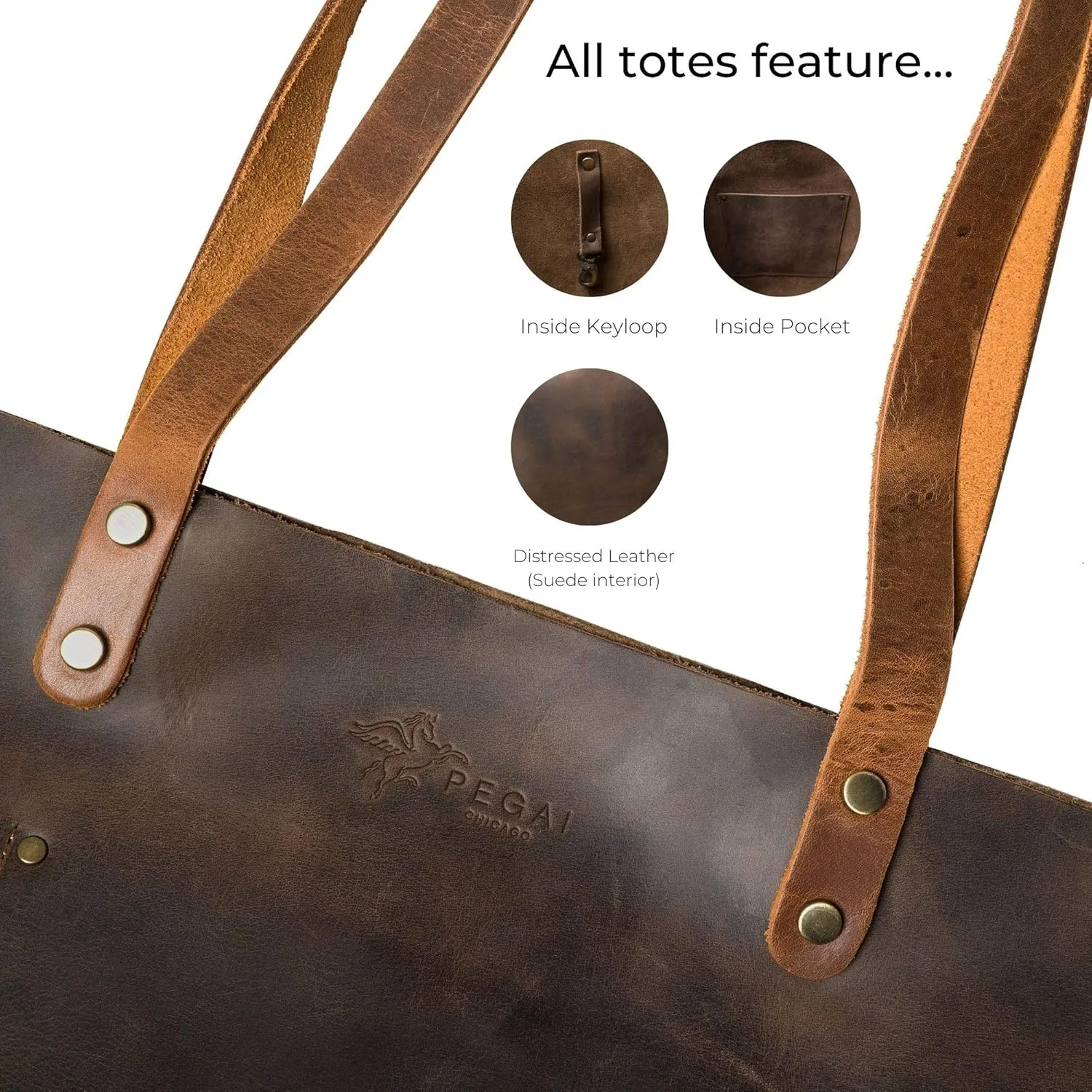 PEGAI Personalized 100% Leather Large Tote Bag for Women, Handmade, Organizer, Shoulder Detail, Laptop Can Fit, Amazing Gift Idea | Lasalle Grande, Basic, Chestnut