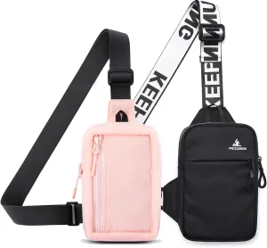 Peicees Pack of 2 Mini Sling Bag for Men Women Crossbody Bag Travel Running Phone Daypack Shoulder Bags, Pink and Black