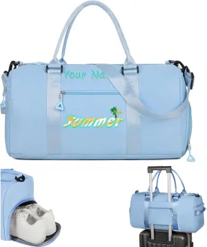 Personalized Embroidered Duffel Bag, Custom Sports Gym Bag with Name for Man Women, Girls Dance Bag Weekend Bag Travel Bag - with Shoulder Strap & Wet Dry Pockets & Shoe Compartment - Baby Blue