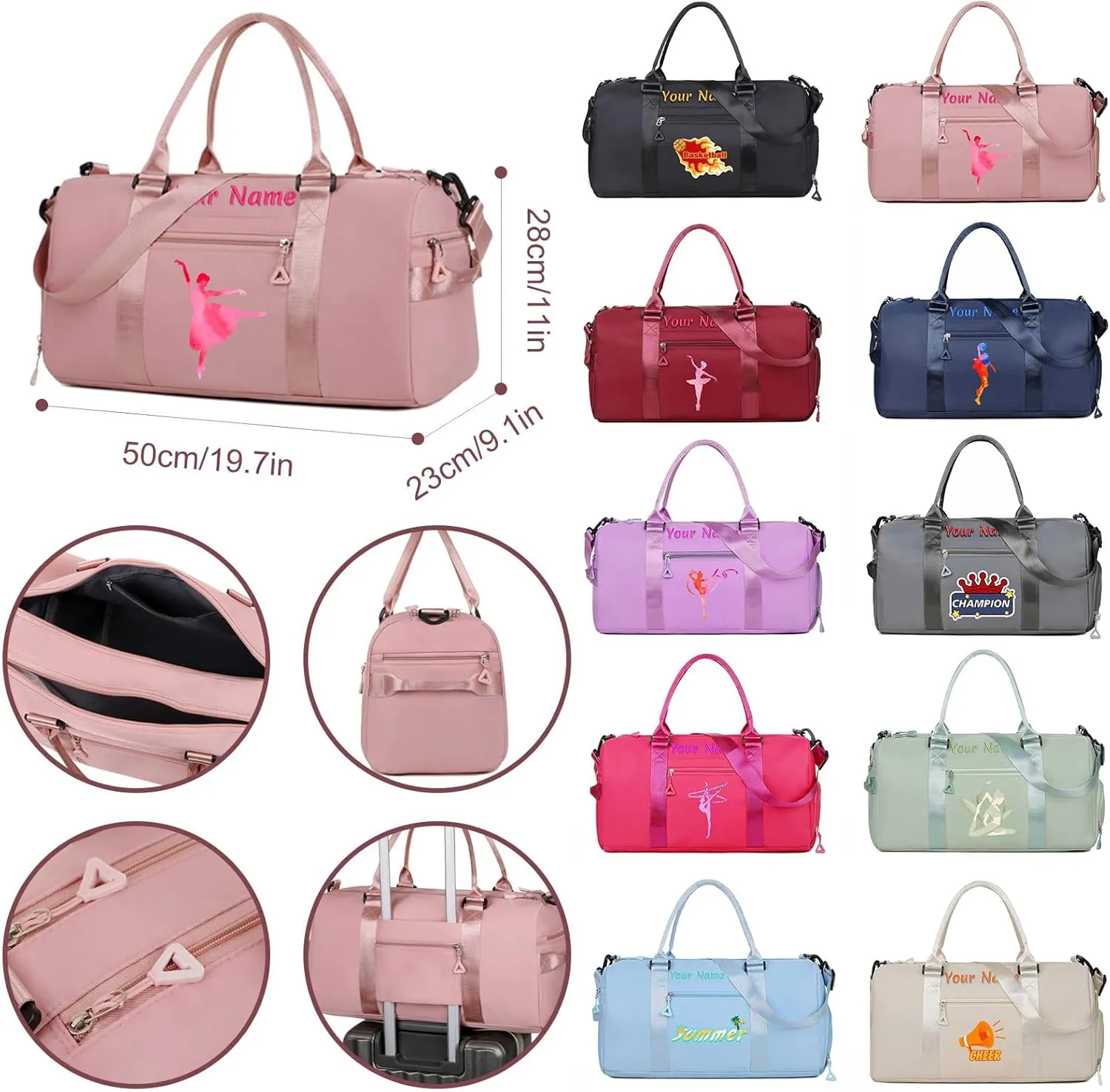 Personalized Embroidered Duffel Bag, Custom Sports Gym Bag with Name for Man Women, Girls Dance Bag Weekend Bag Travel Bag - with Shoulder Strap & Wet Dry Pockets & Shoe Compartment - Baby Blue