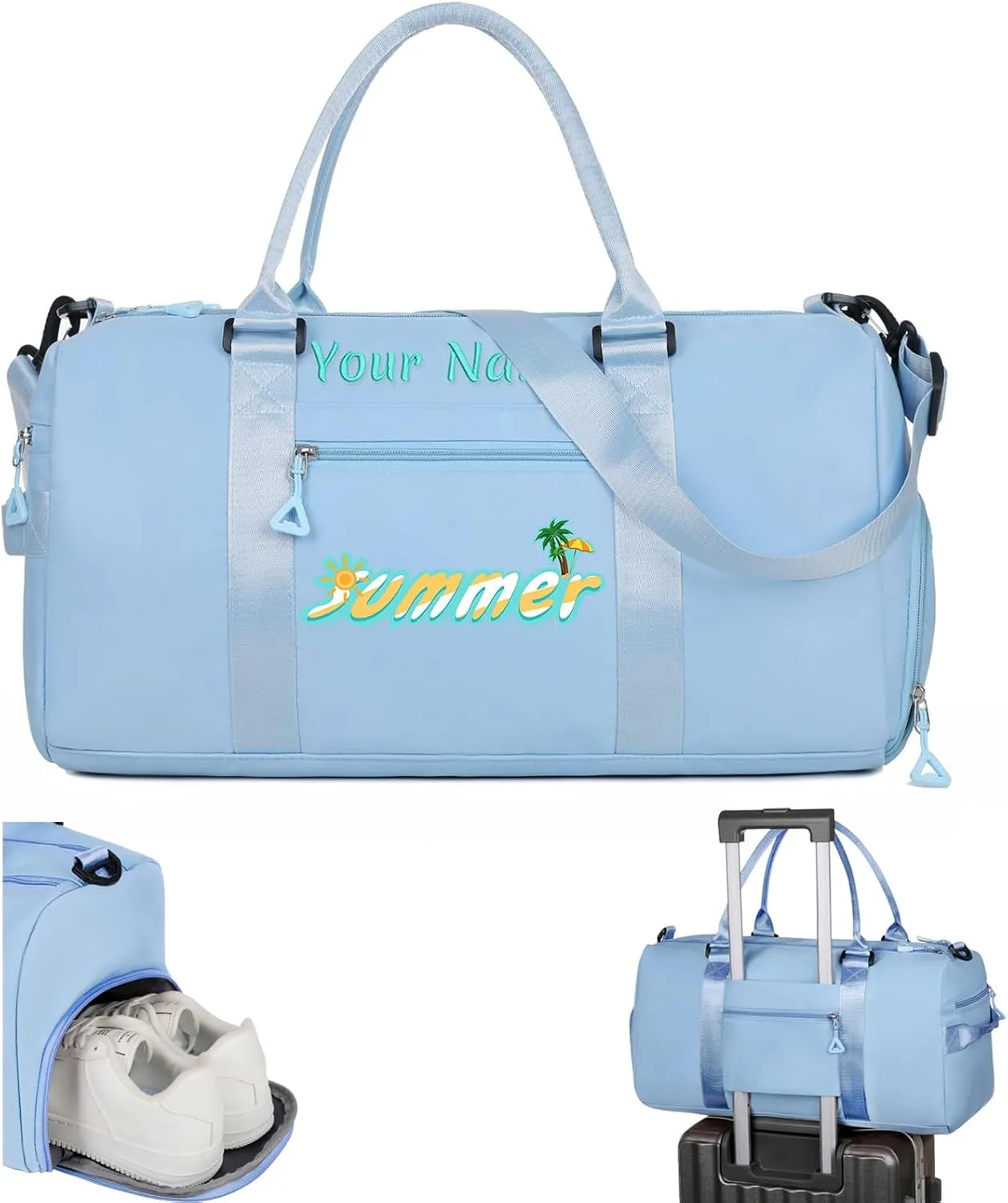 Personalized Embroidered Duffel Bag, Custom Sports Gym Bag with Name for Man Women, Girls Dance Bag Weekend Bag Travel Bag - with Shoulder Strap & Wet Dry Pockets & Shoe Compartment - Baby Blue